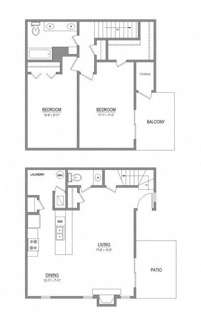 Floor plan for 2 beds, 1.5 baths, 1250 sqft